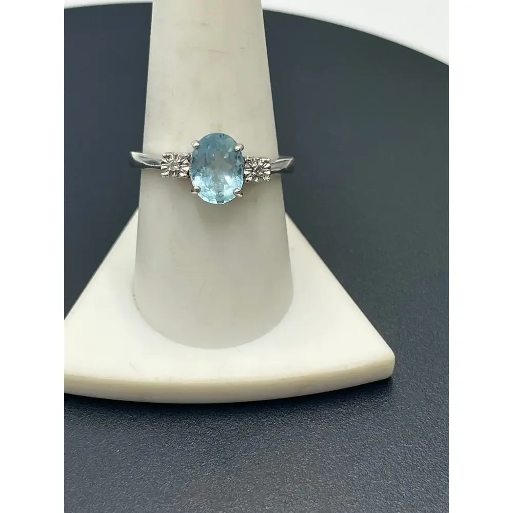 FAS Oval Prong Sky Blue Topaz Diamond 925 Sterling Silver‎ Rhodium Ring Sz 9.5
